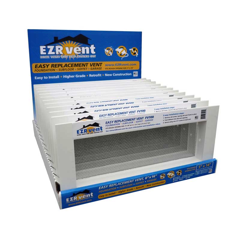 EZRvent FV100 replacement foundation and garage vent as seen in store display case