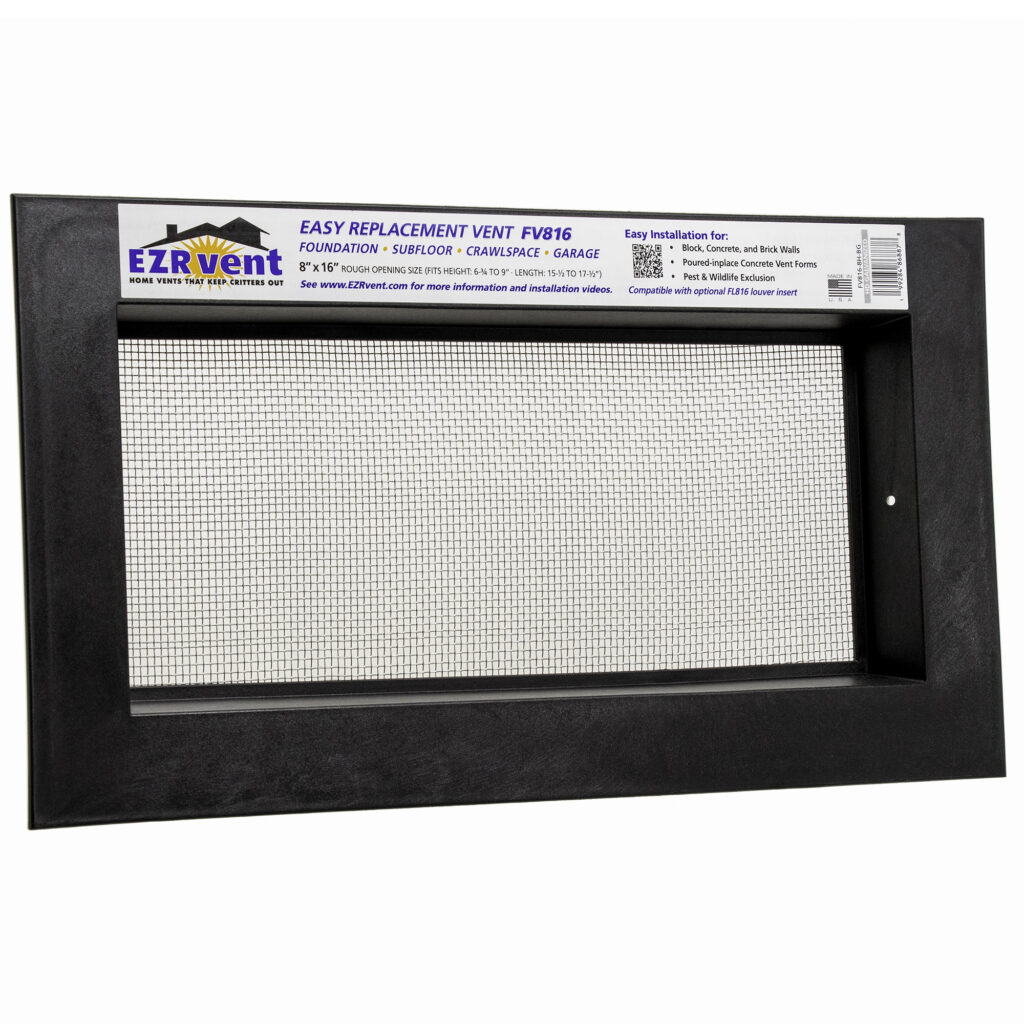 EZRvent FV816-8H-BG Easy Replacement Vent, Foundation Crawlspace and Garage, 8x16 Rough Opening for Block and Poured-in-place Concrete Walls, Galvanized Mesh, Black Graphite PP Frame Color