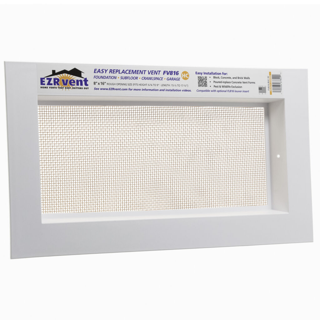 EZRvent FV816-8HC-W Easy Replacement Vent, Foundation Crawlspace and Garage, 8x16 Rough Opening for Block and Poured-in-place Concrete Walls, Copper Mesh, White UV Stabilized PP Frame Color