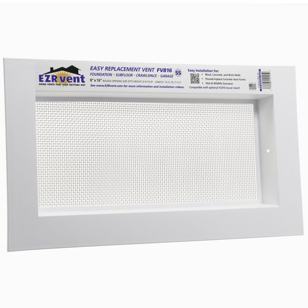 EZRvent FV816-SS8H-W Easy Replacement Vent, Foundation Crawlspace and Garage, 8x16 Rough Opening for Block and Poured-in-place Concrete Walls, 316 Stainless Steel Mesh, UV Stabilized PP Frame White Color